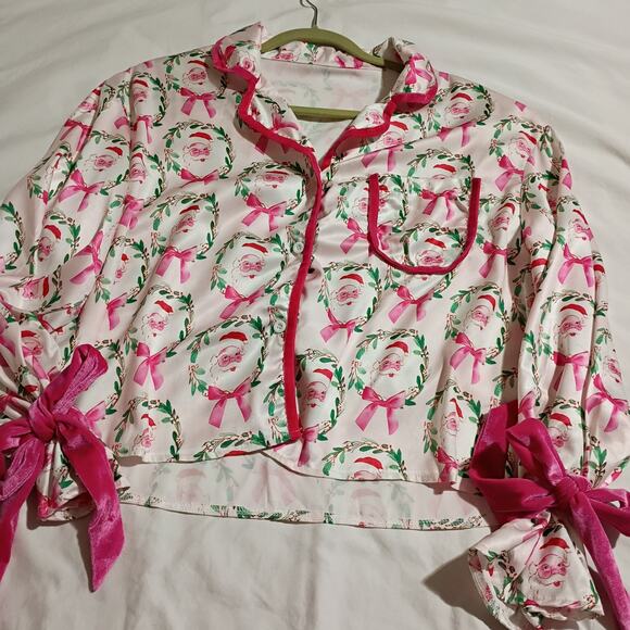 Christmas Shorty Set Santa Pink Bows Silky Soft Look Unworn 3/4-Ruffled-Sleeves - Picture 3 of 11